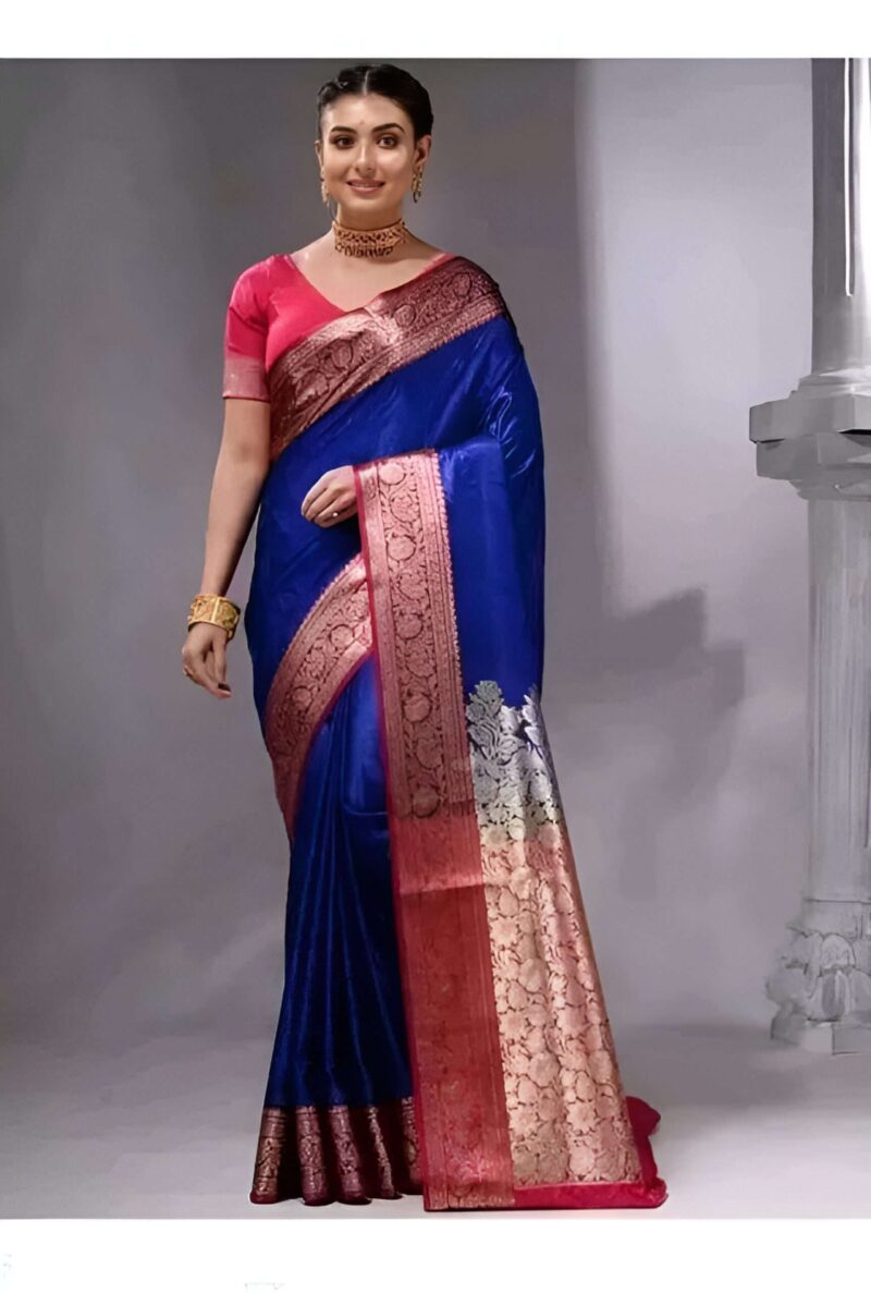 Royal Blue & Pink Zari Woven Silk Saree with Contrast Blouse