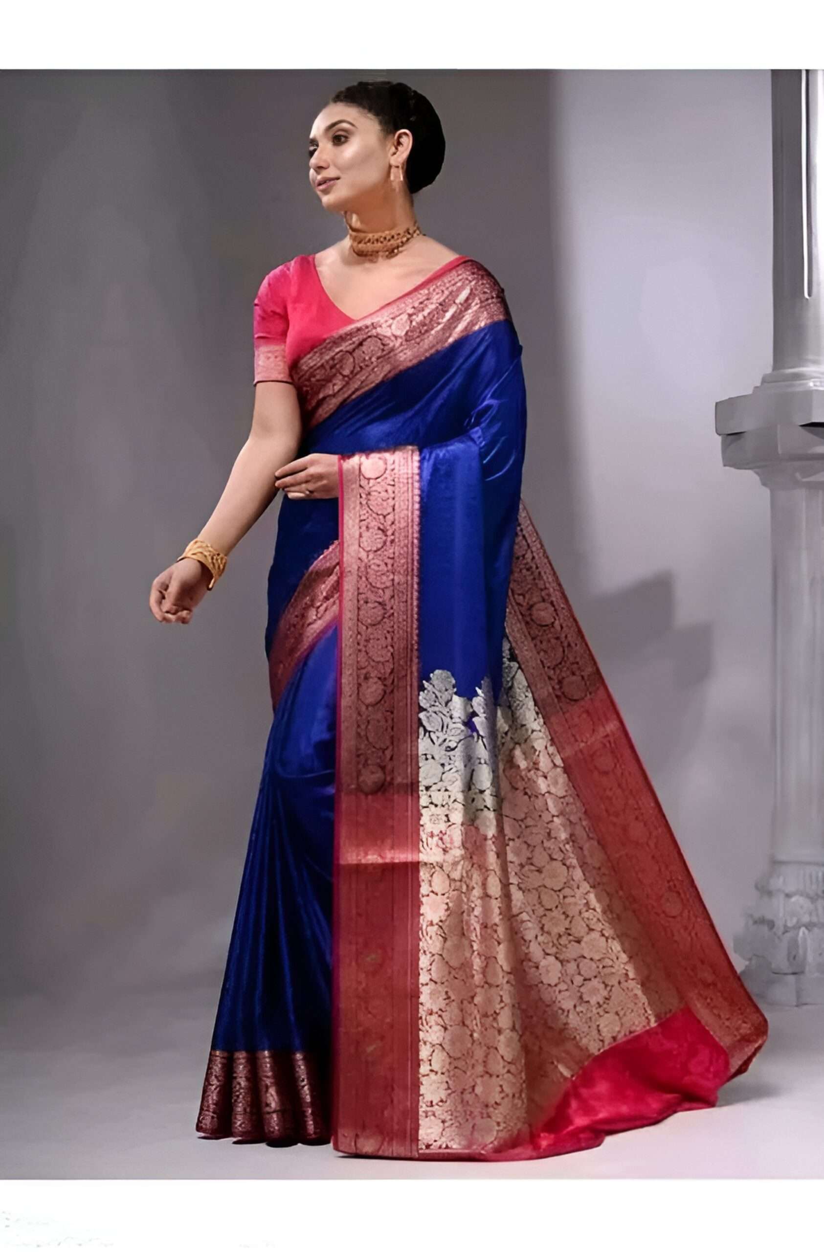 Royal Blue & Pink Zari Woven Silk Saree with Contrast Blouse - Image 2