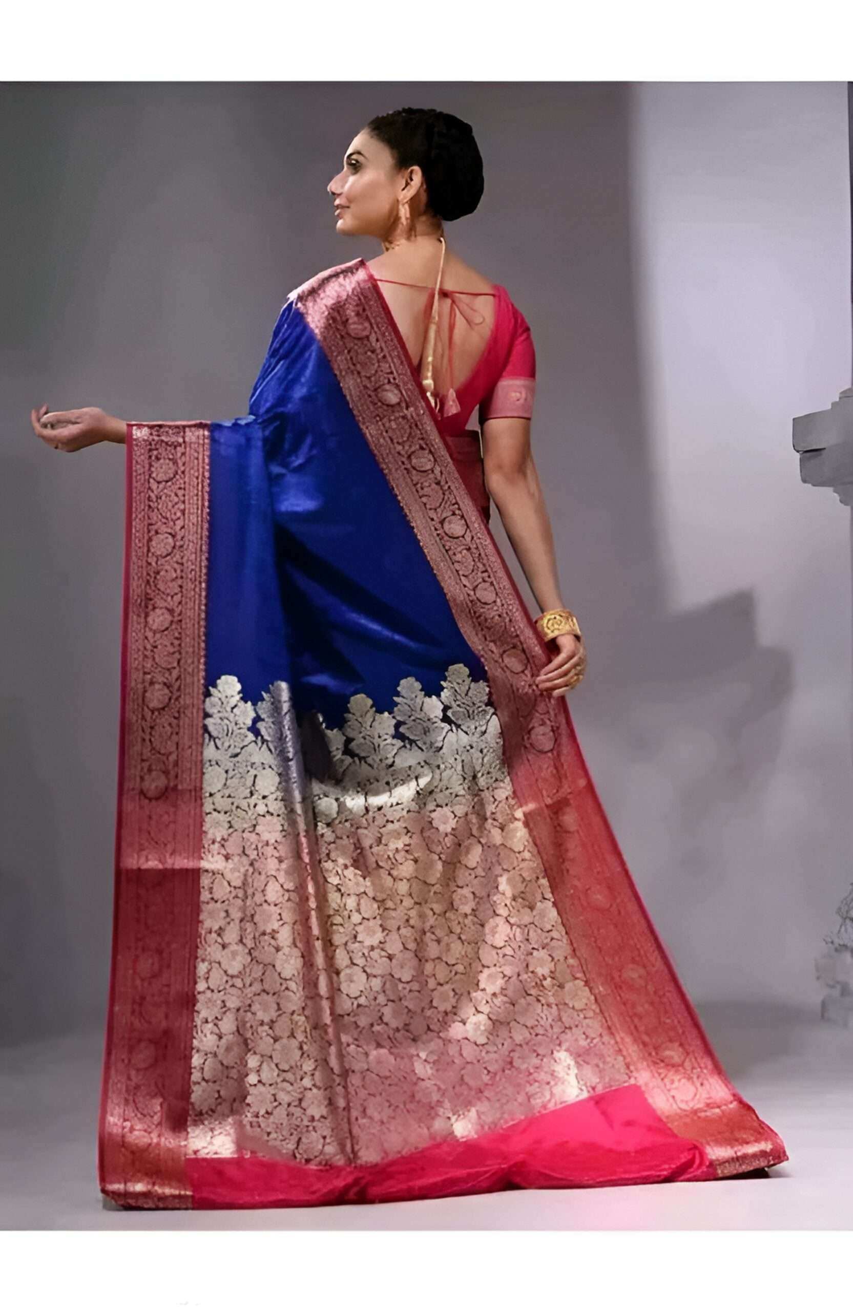 Royal Blue & Pink Zari Woven Silk Saree with Contrast Blouse - Image 3