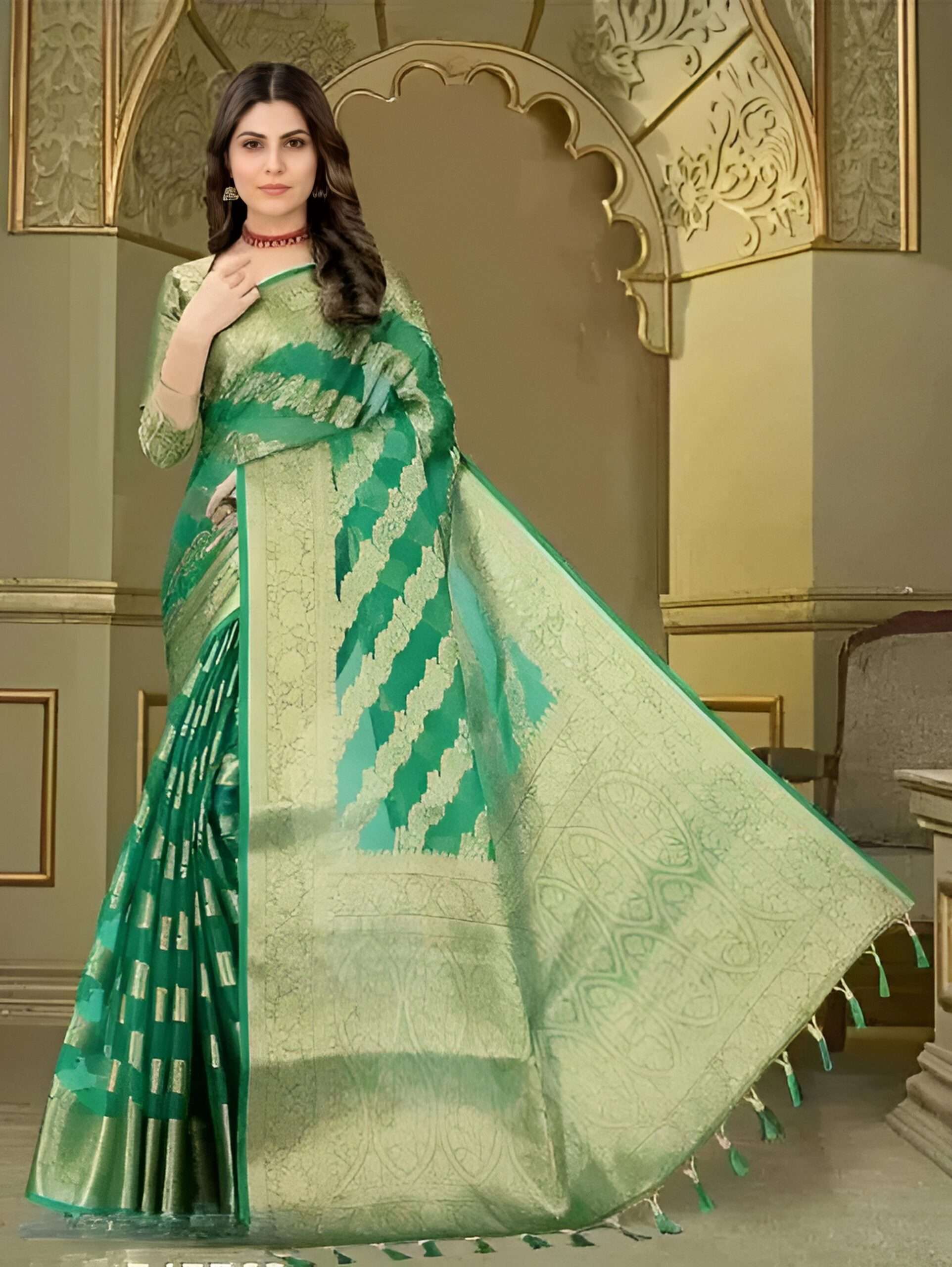 Organza Maroon & Beige Banarasi Style Saree with Heavy Golden Zari Work | SHSTORE Exclusive - Image 2