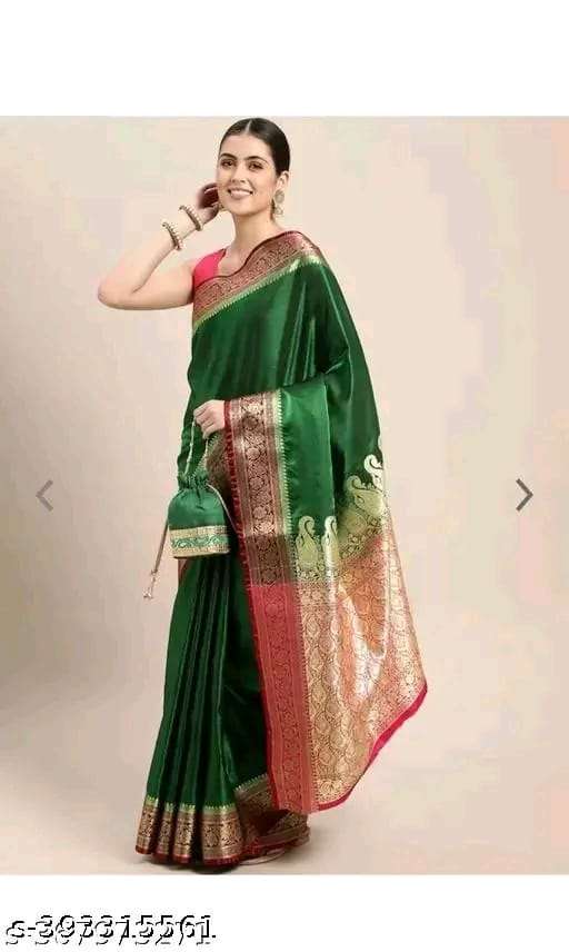 Emerald Green Banarasi Silk Saree with Rich Zari Weaving & Contrast Blouse
