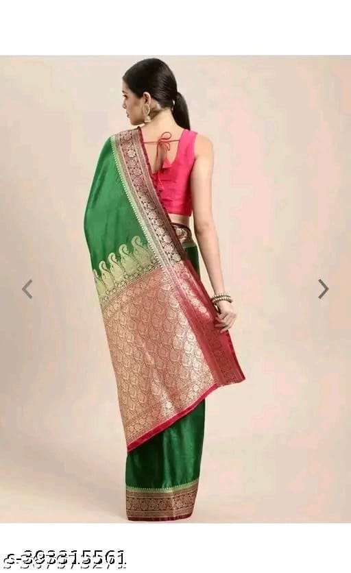 Emerald Green Banarasi Silk Saree with Rich Zari Weaving & Contrast Blouse - Image 2