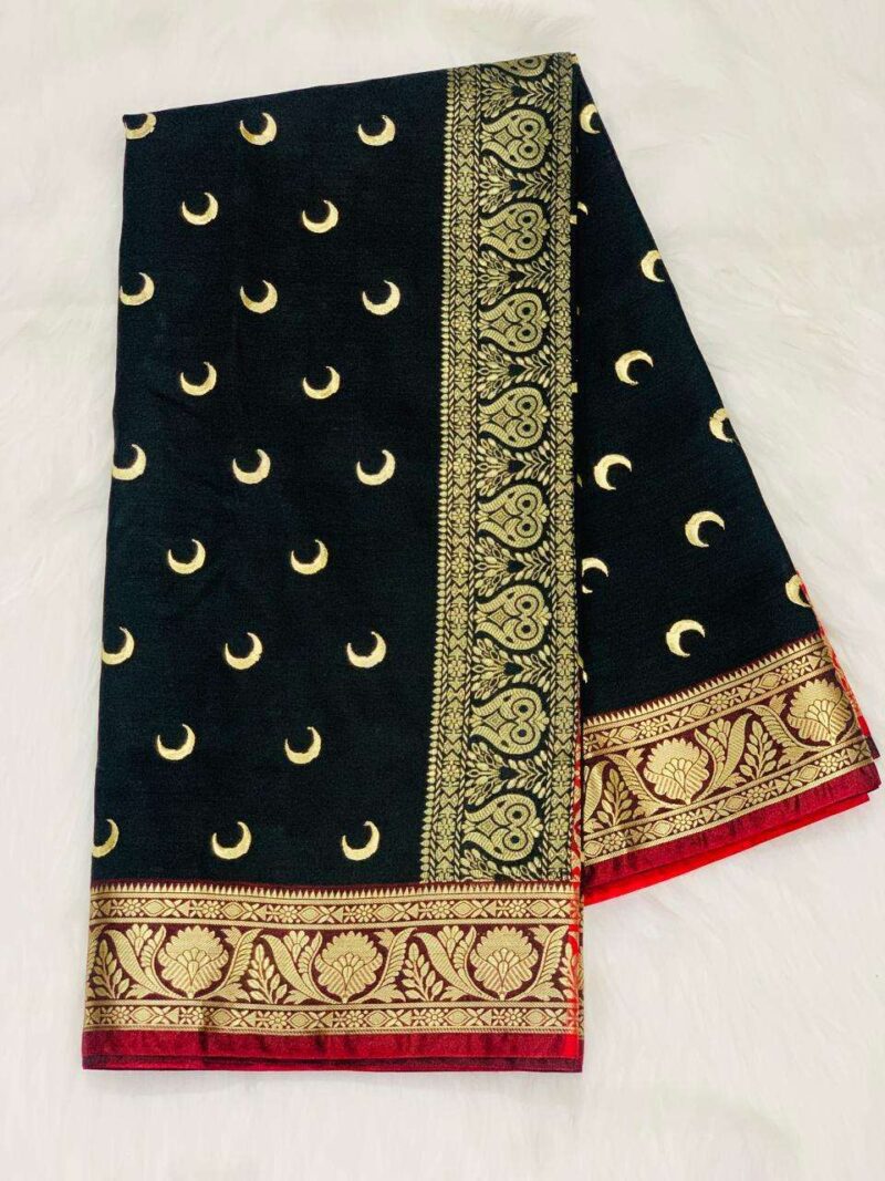 Black Banarasi Silk Saree with Golden Zari Crescent Motifs & Rich Red-Gold Border