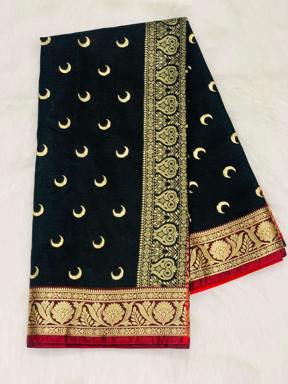 Black Banarasi Silk Saree with Golden Zari Crescent Motifs & Rich Red-Gold Border