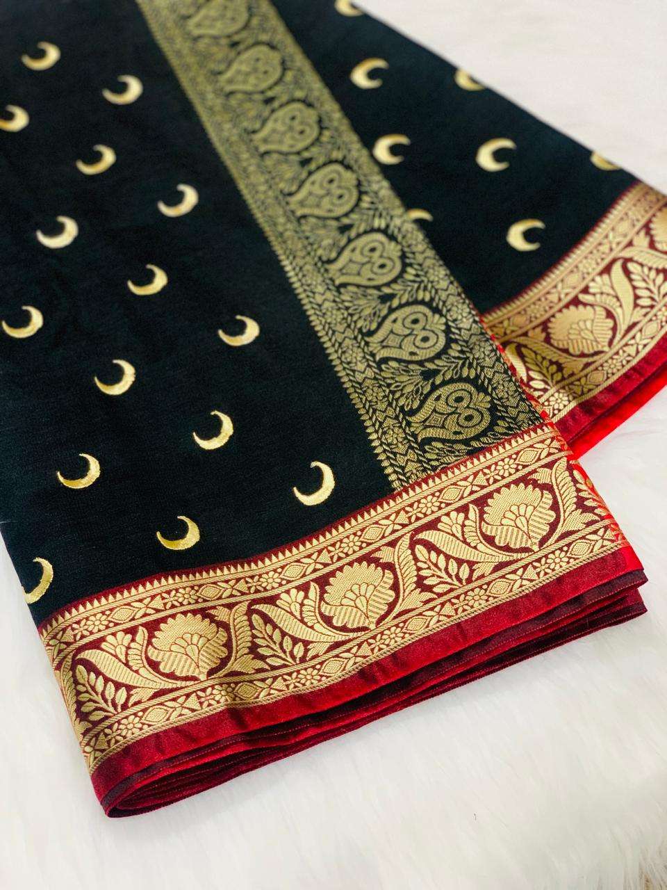 Black Banarasi Silk Saree with Golden Zari Crescent Motifs & Rich Red-Gold Border - Image 2