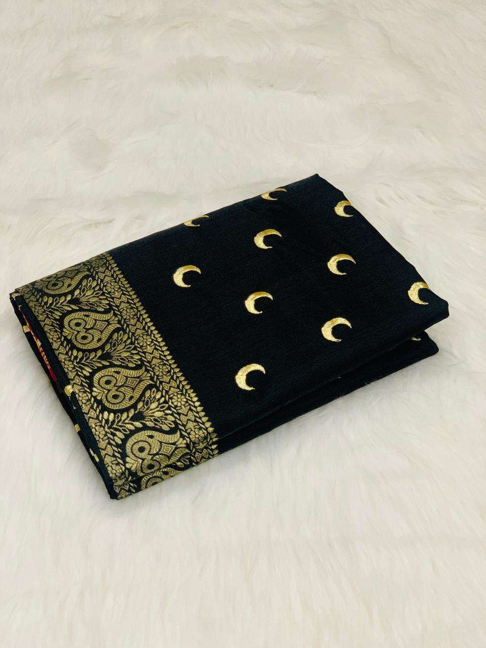 Black Banarasi Silk Saree with Golden Zari Crescent Motifs & Rich Red-Gold Border - Image 3