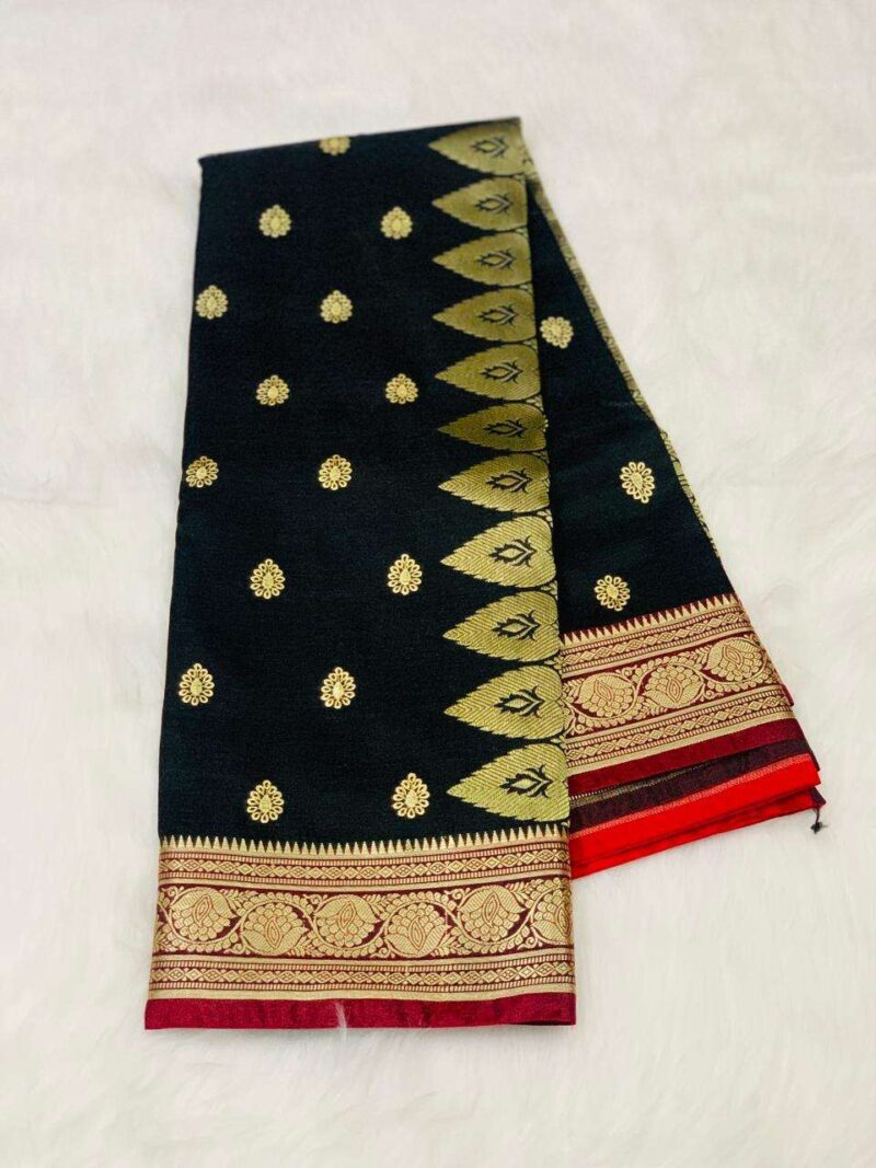 Black Banarasi Silk Saree with Gold Butta Motifs & Triangular Zari Pallu Border