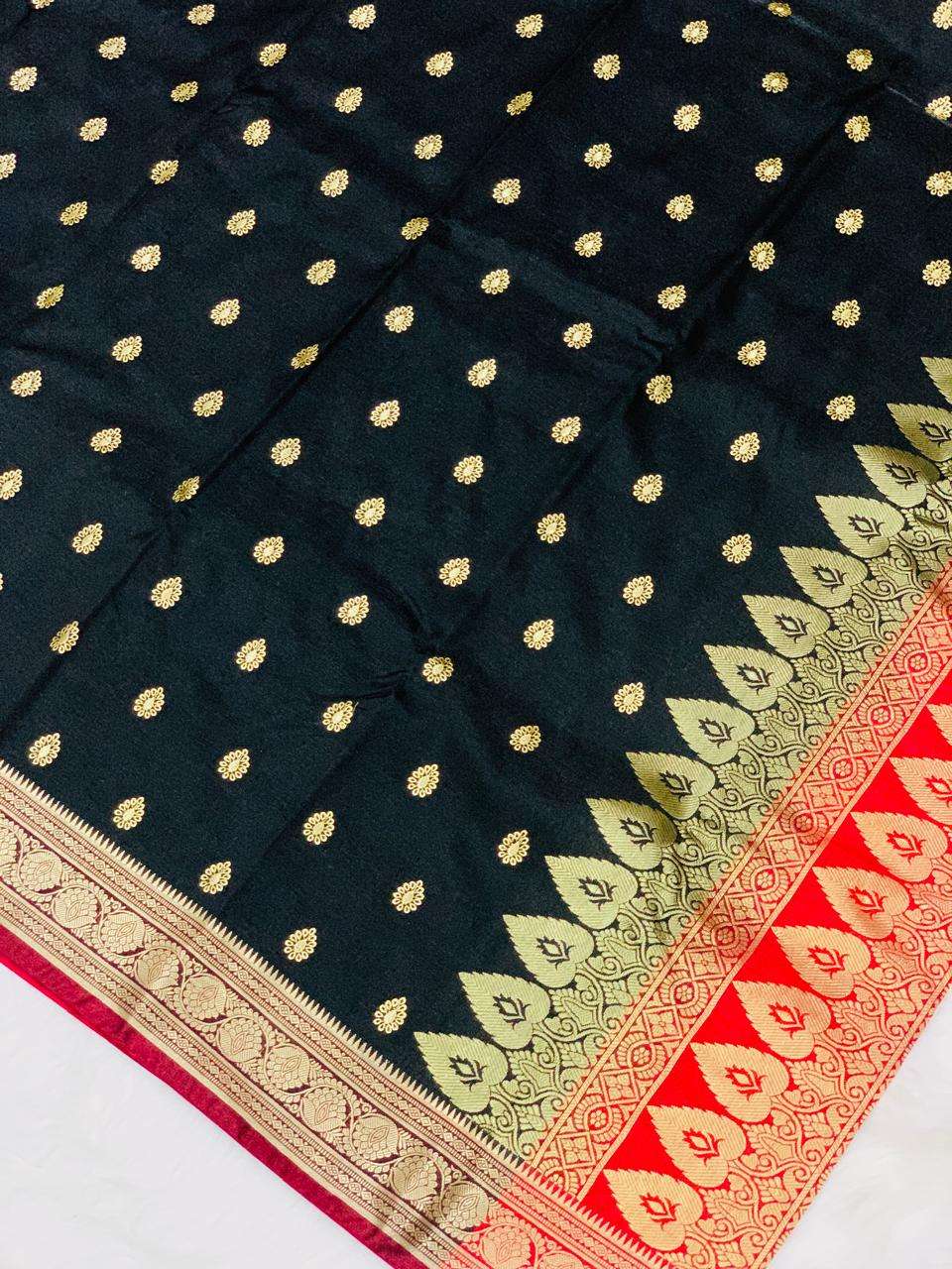 Black Banarasi Silk Saree with Gold Butta Motifs & Triangular Zari Pallu Border - Image 2
