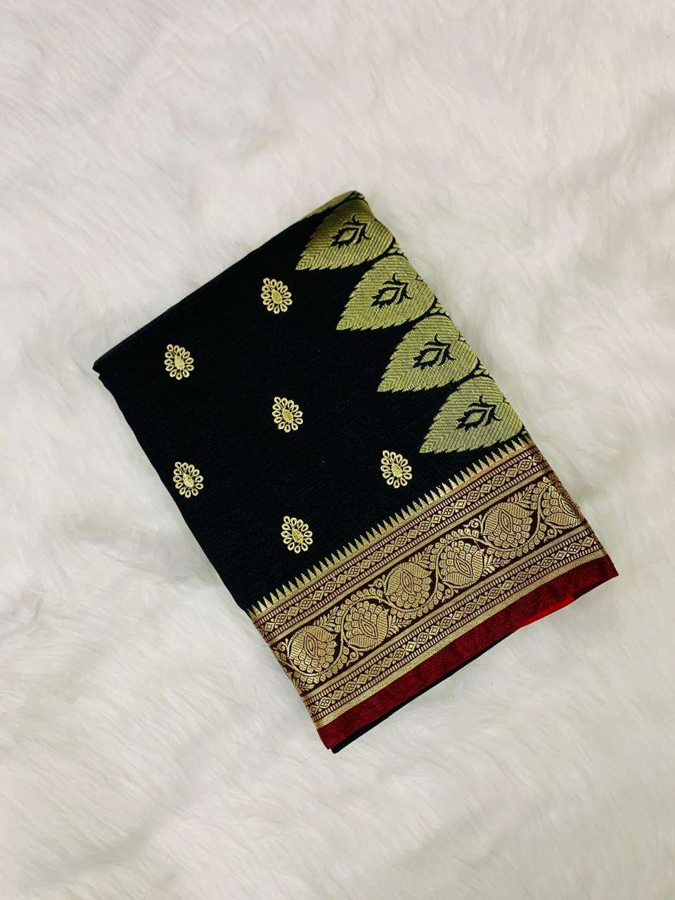 Black Banarasi Silk Saree with Gold Butta Motifs & Triangular Zari Pallu Border - Image 3