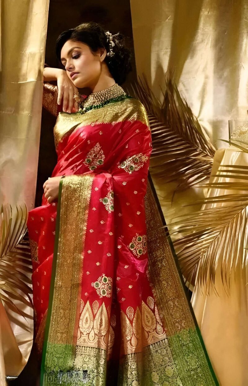 Regal Red Banarasi Silk Saree with Golden Zari and Green Border
