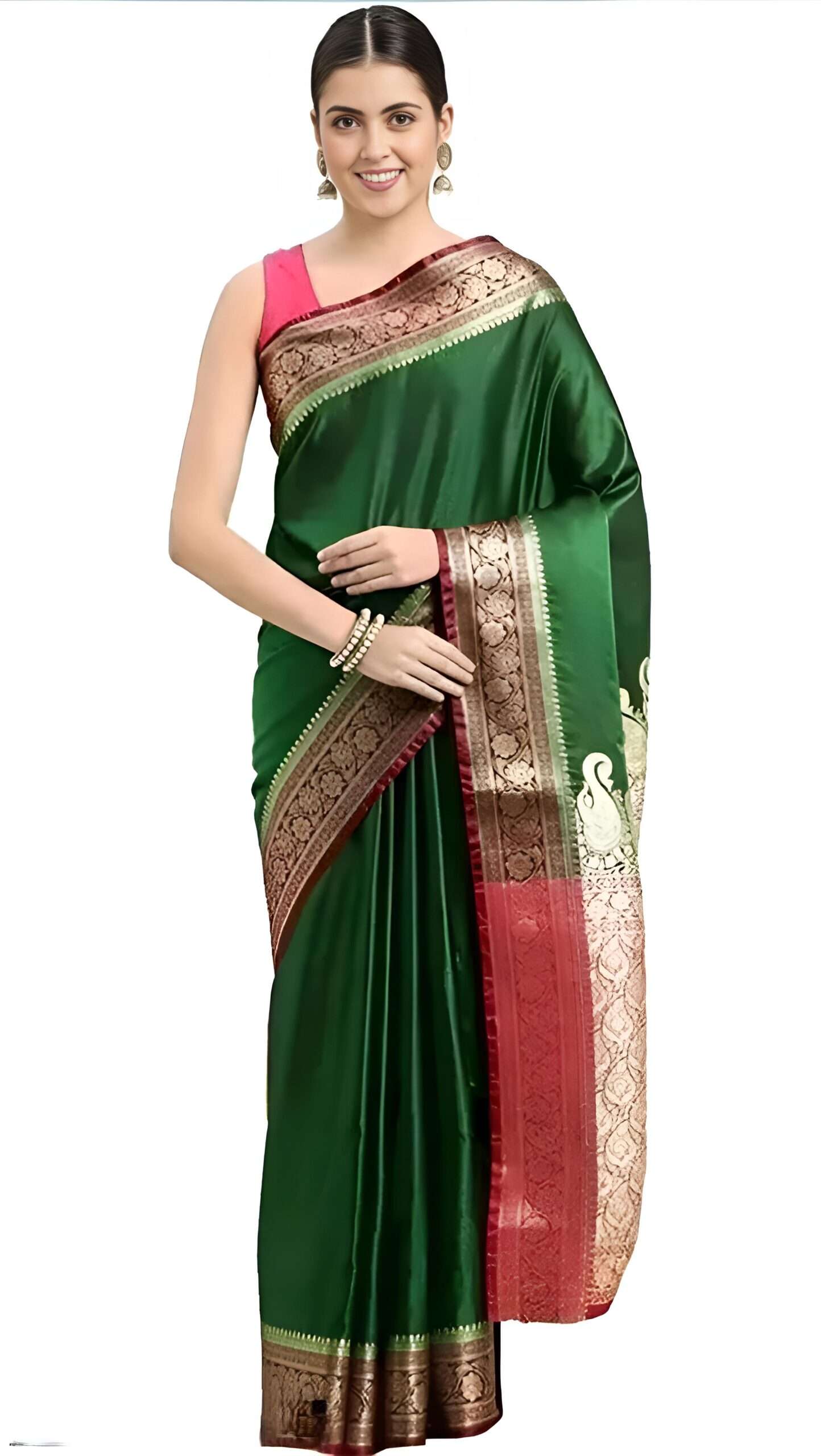 Elegant Green Satin Silk Saree with Contrast Red and Gold Zari Border - SHSTORE Collection