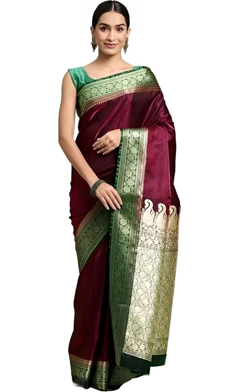 Elegant Burgundy Satin Silk Saree with Green Zari Border - SHSTORE Collection