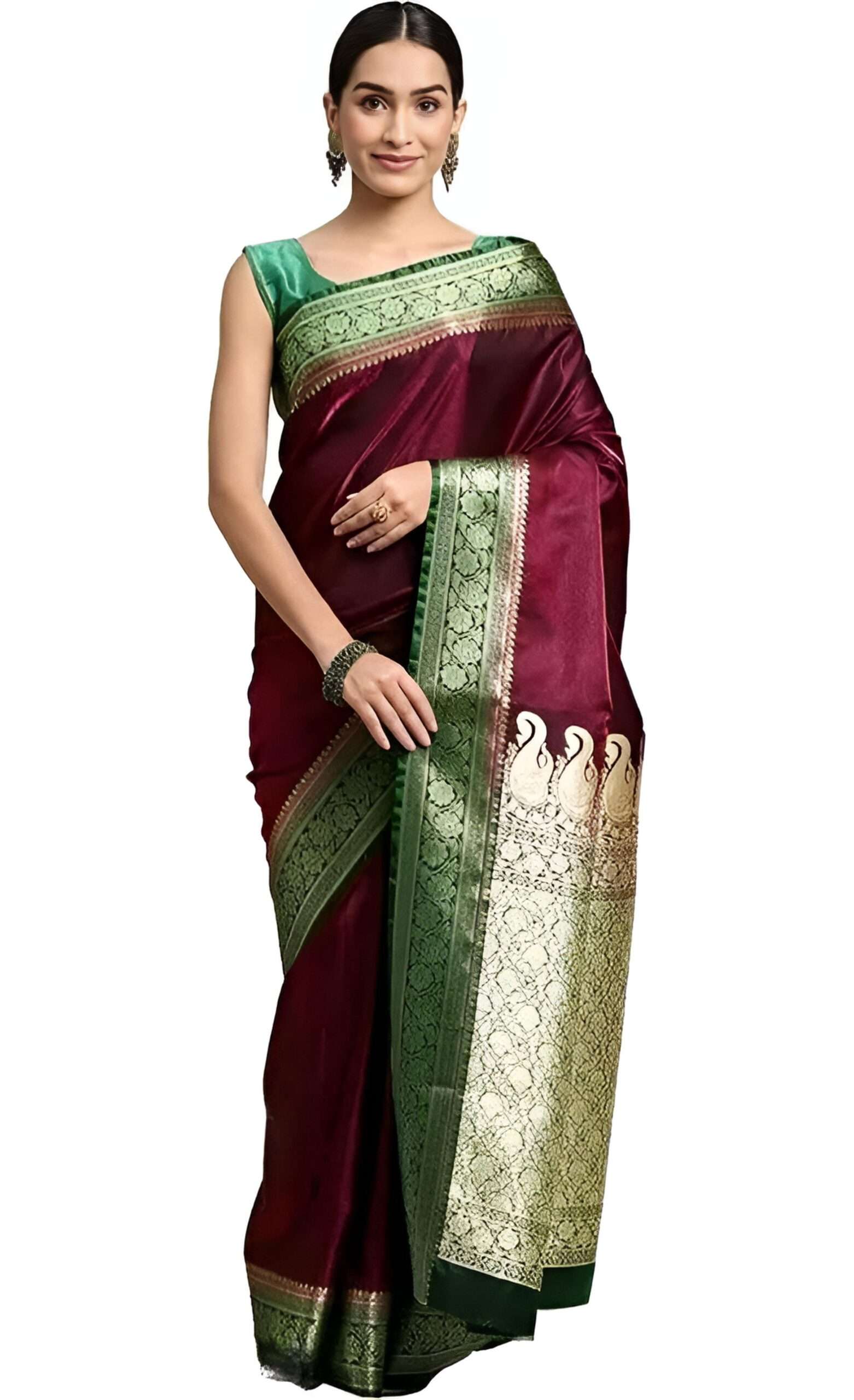 Elegant Burgundy Satin Silk Saree with Green Zari Border - SHSTORE Collection