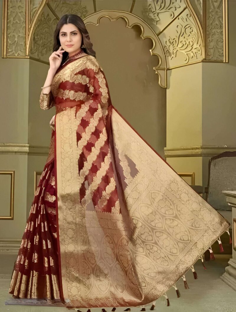 Organza Maroon & Beige Banarasi Style Saree with Heavy Golden Zari Work | SHSTORE Exclusive