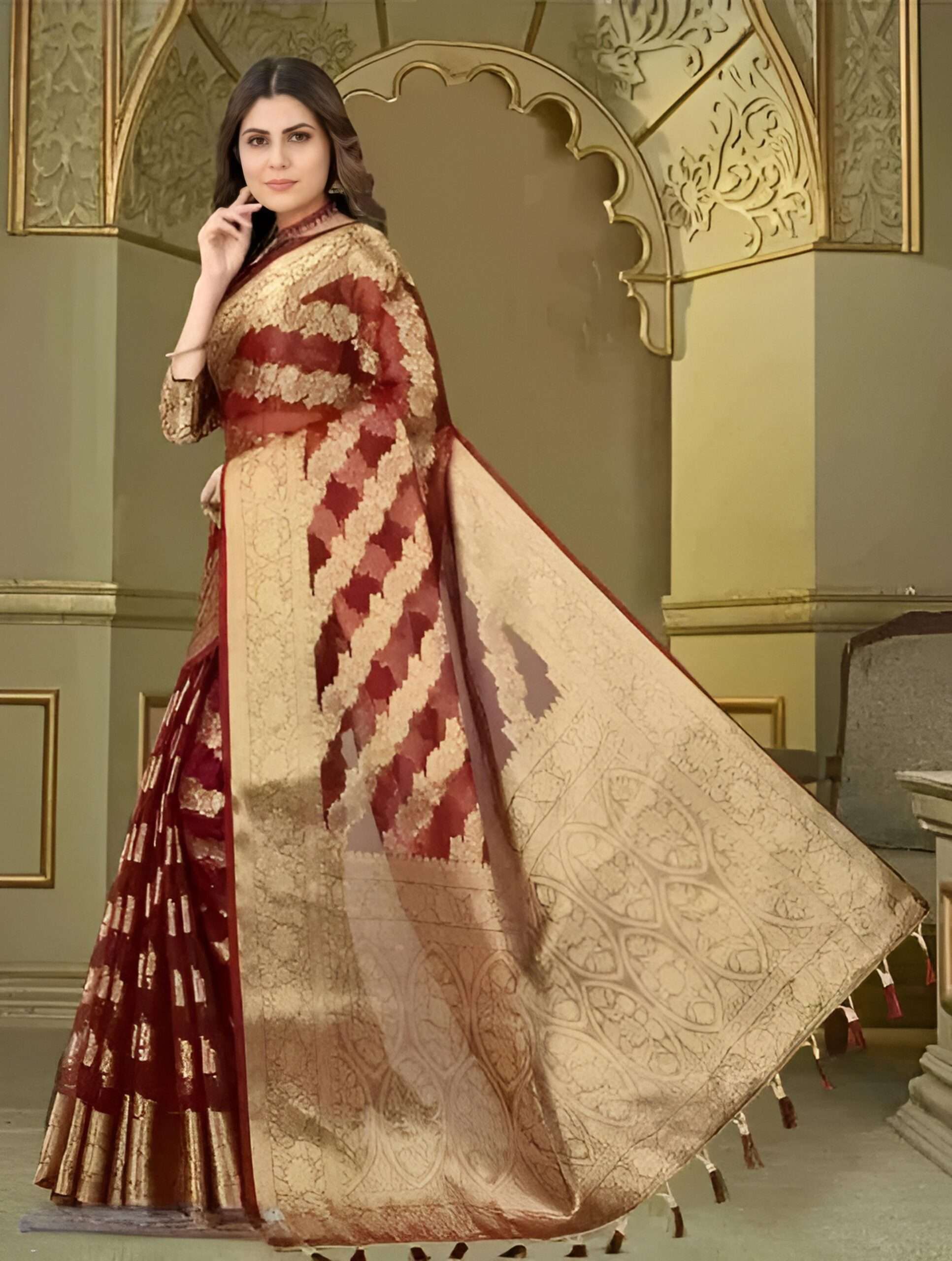 Organza Maroon & Beige Banarasi Style Saree with Heavy Golden Zari Work | SHSTORE Exclusive