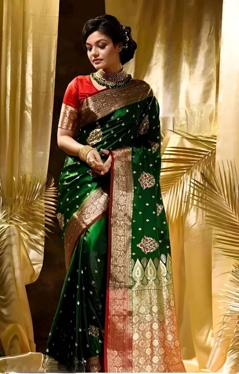 Emerald Green Banarasi Silk Saree with Opulent Golden Zari and Red Border