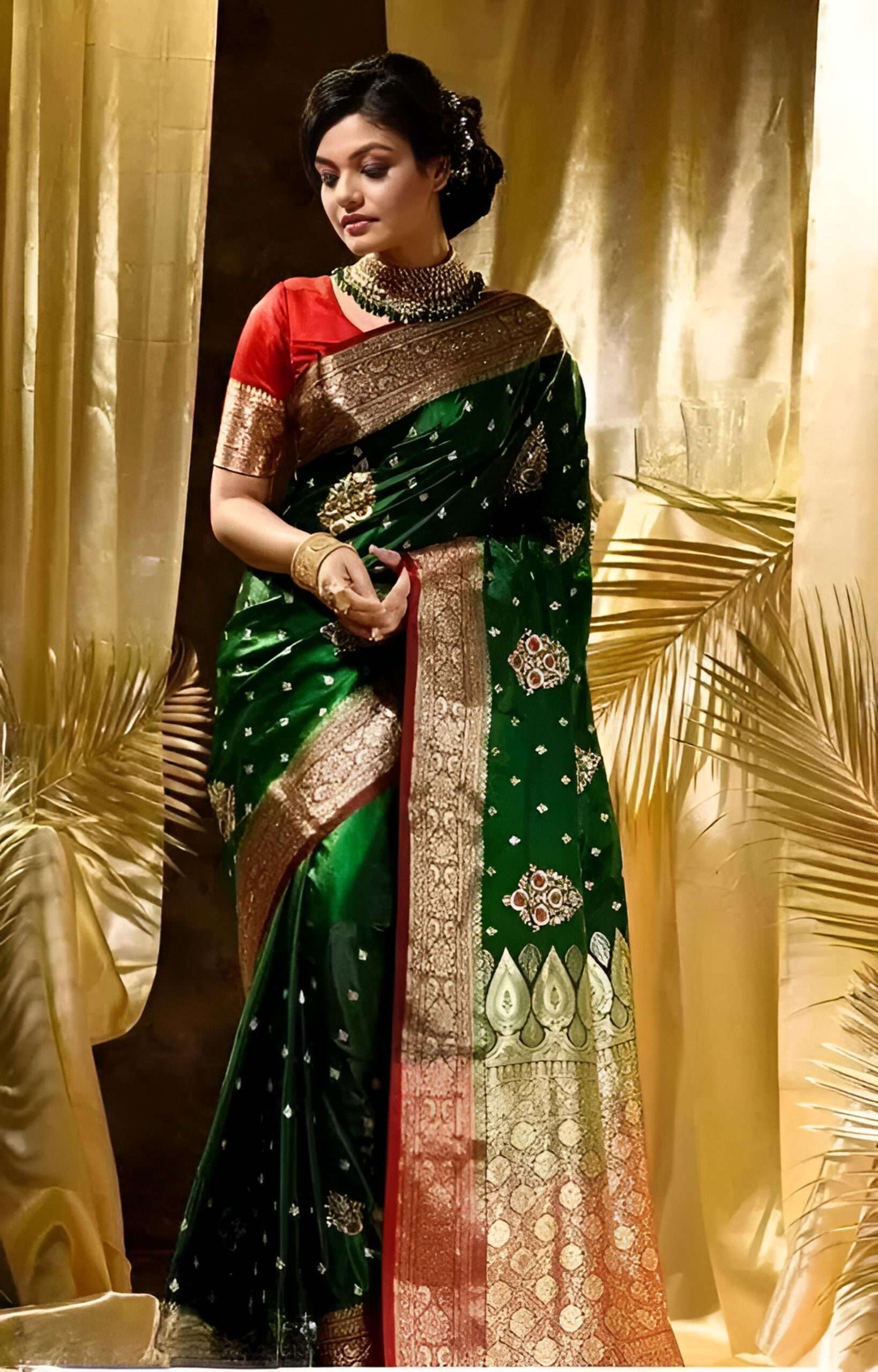 Emerald Green Banarasi Silk Saree with Opulent Golden Zari and Red Border