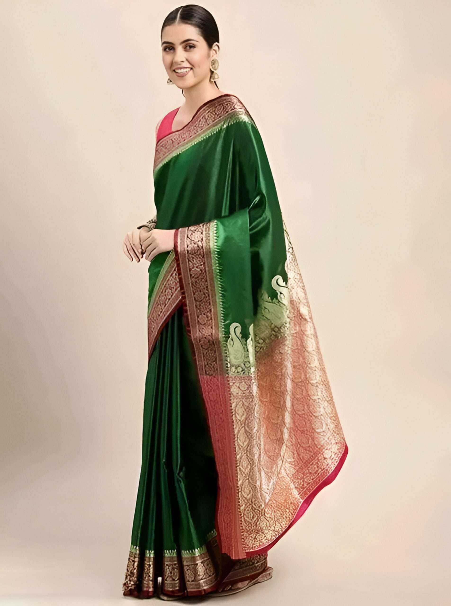 Elegant Green Satin Silk Saree with Contrast Red and Gold Zari Border - SHSTORE Collection - Image 2