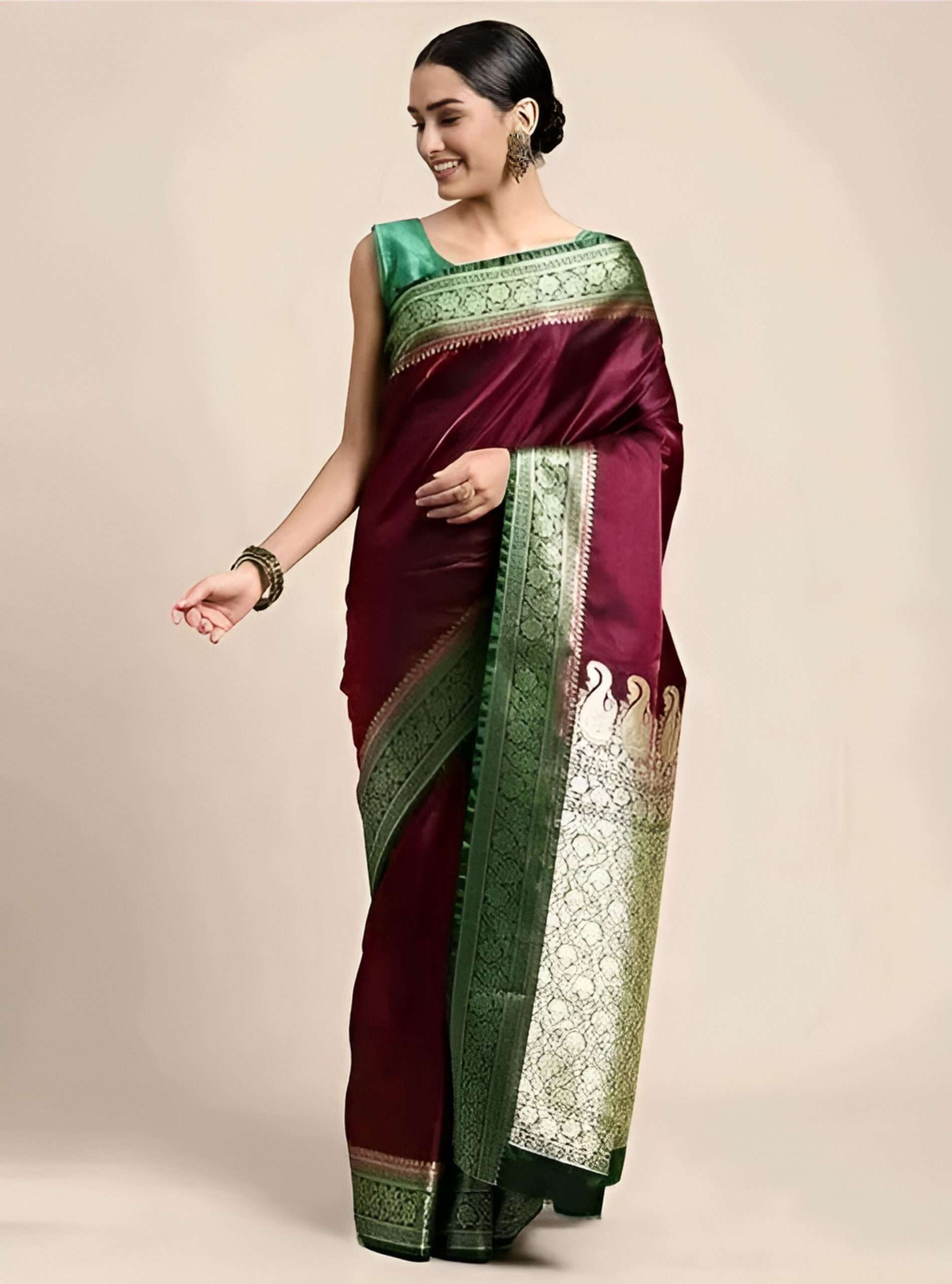 Elegant Burgundy Satin Silk Saree with Green Zari Border - SHSTORE Collection - Image 2