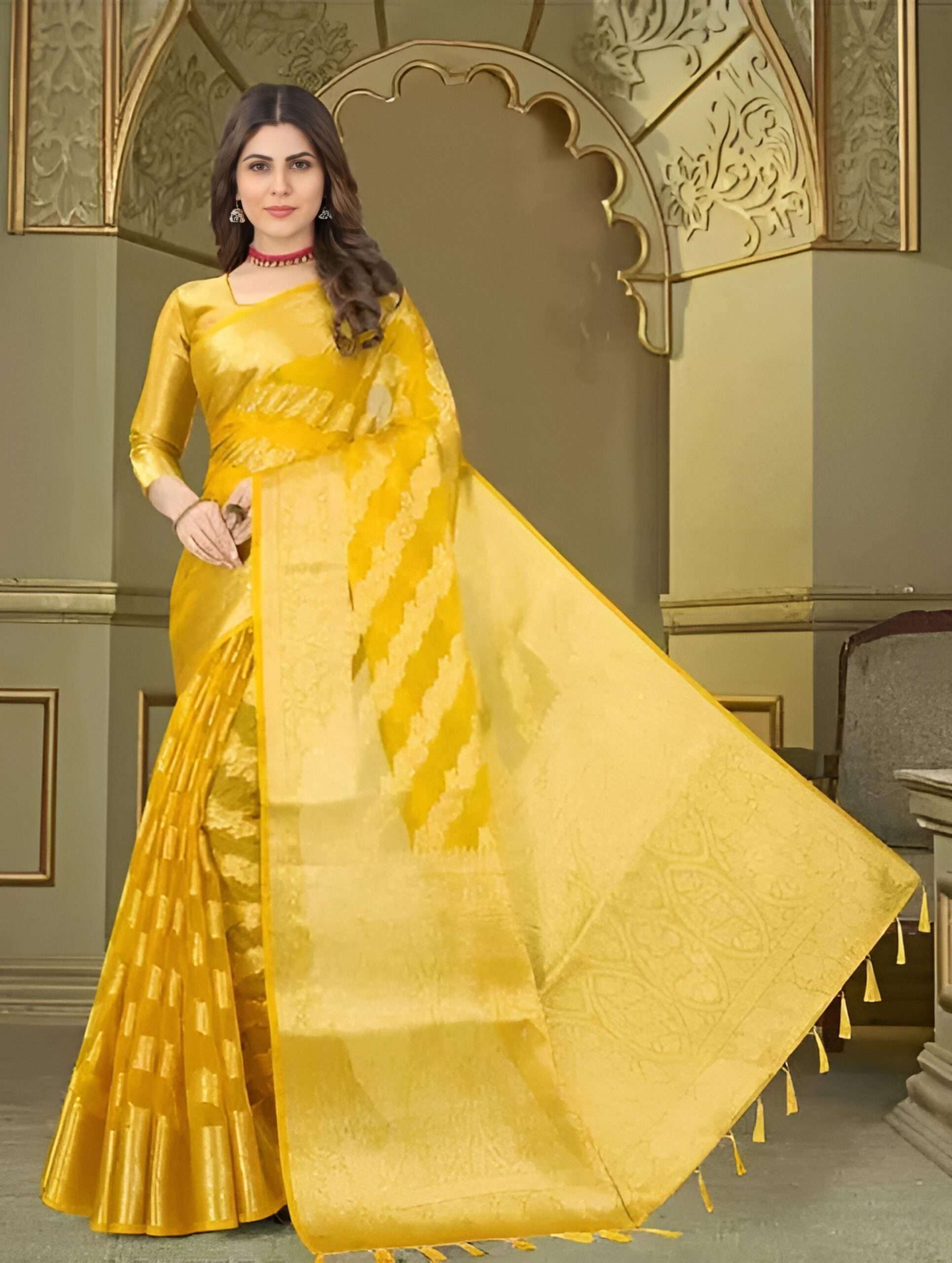 Radiant Golden Yellow Banarasi Silk Saree with Rich Zari Work - Image 2