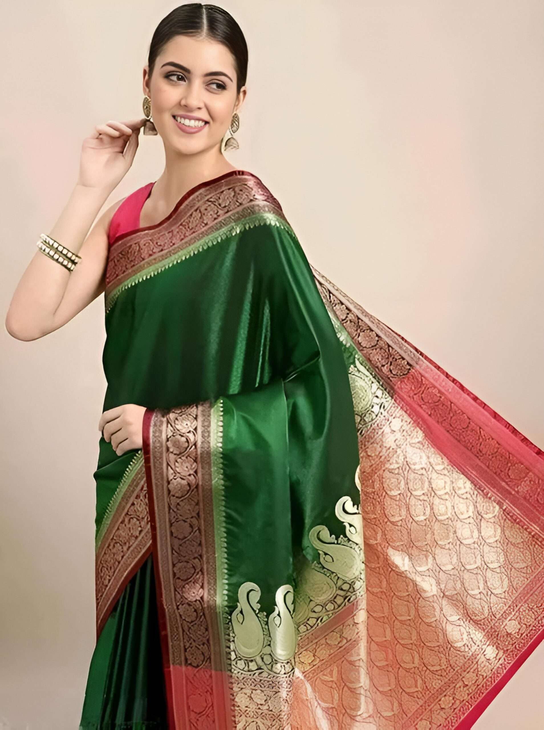 Elegant Green Satin Silk Saree with Contrast Red and Gold Zari Border - SHSTORE Collection - Image 3