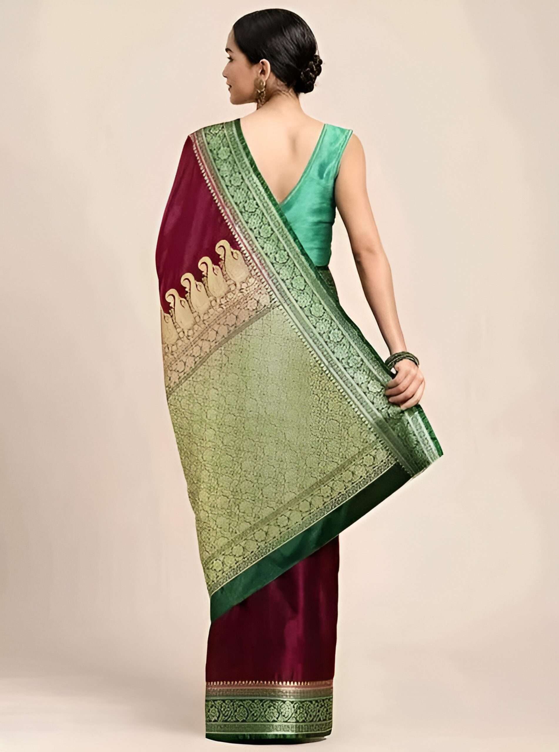 Elegant Burgundy Satin Silk Saree with Green Zari Border - SHSTORE Collection - Image 3