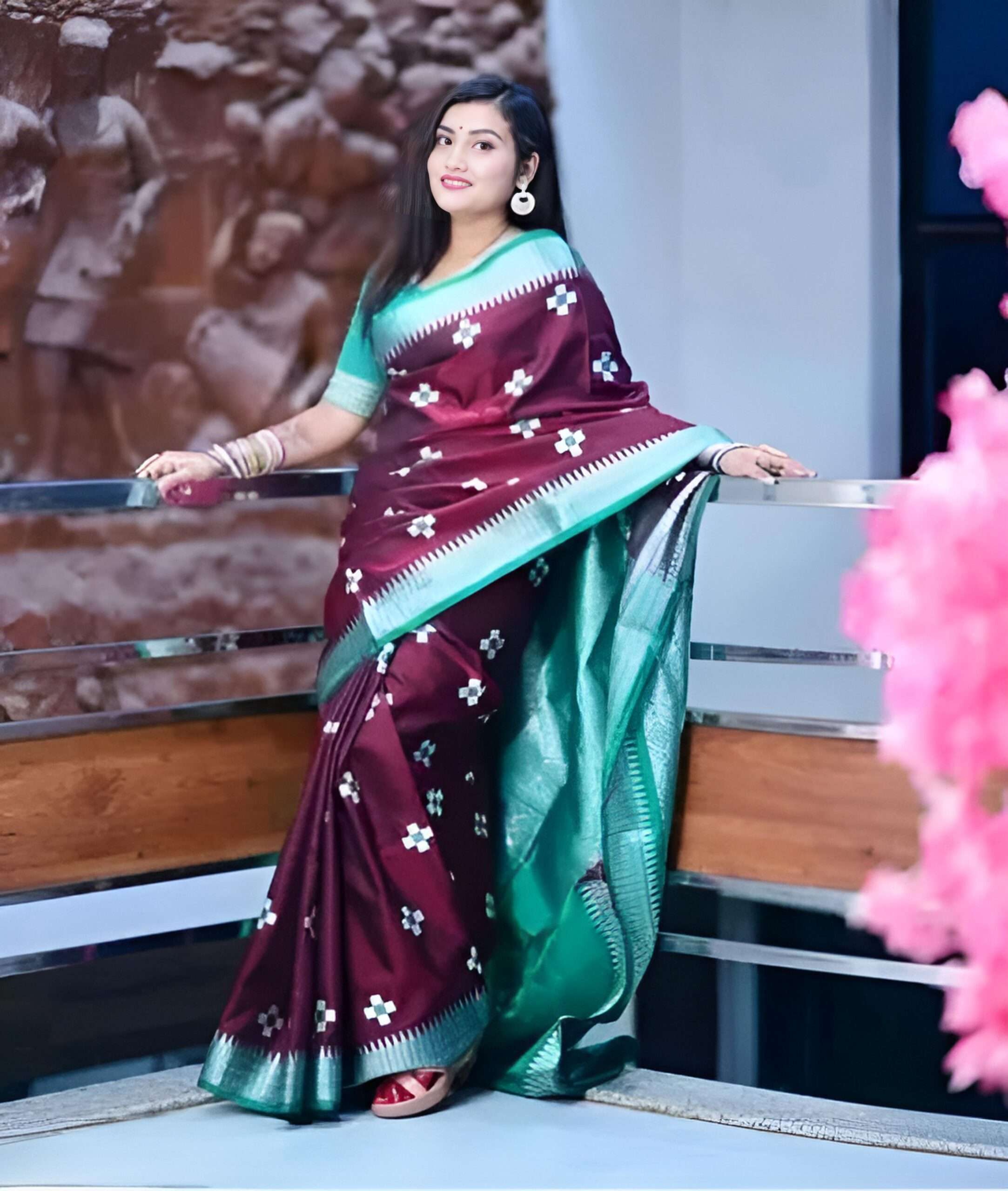 Embroidered Silk Satin Saree (Dark Blue)