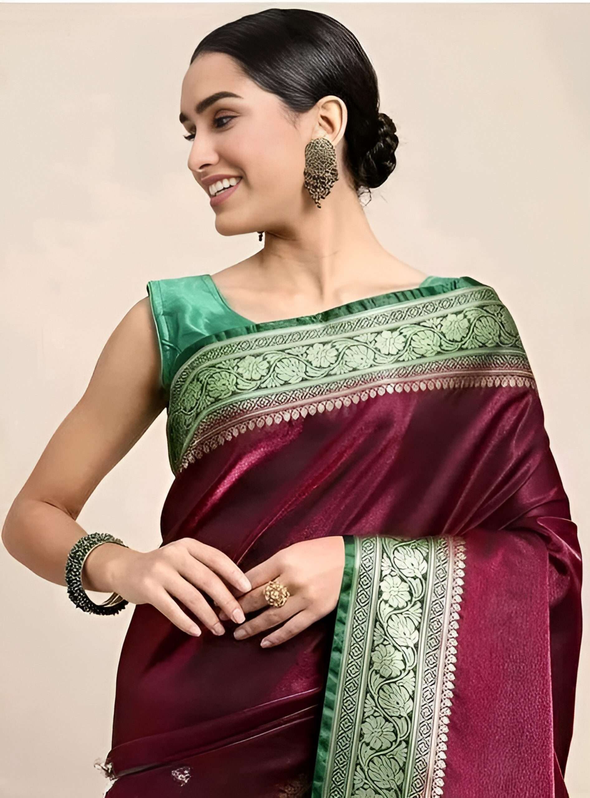 Elegant Burgundy Satin Silk Saree with Green Zari Border - SHSTORE Collection - Image 4