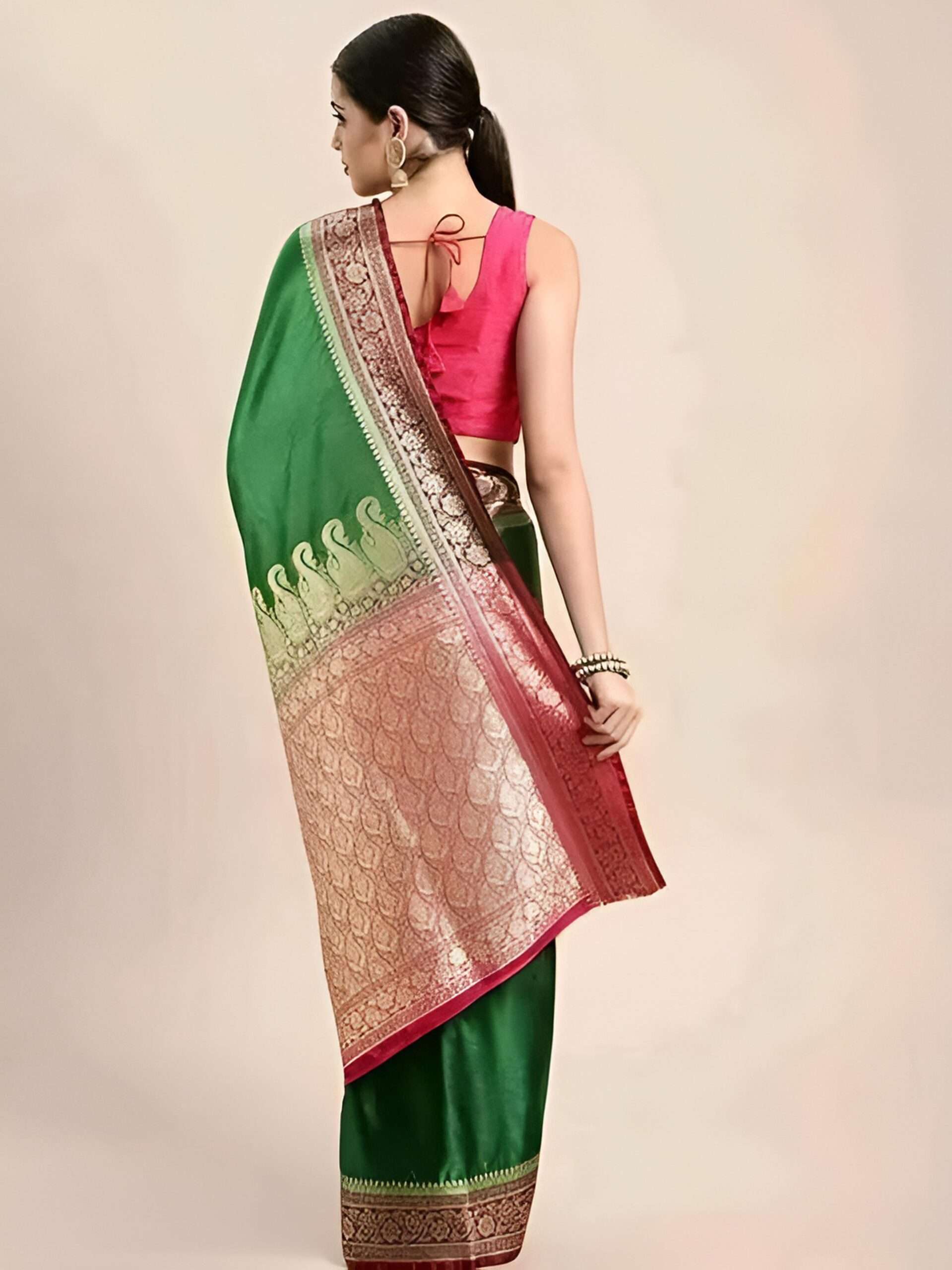 Elegant Green Satin Silk Saree with Contrast Red and Gold Zari Border - SHSTORE Collection - Image 4