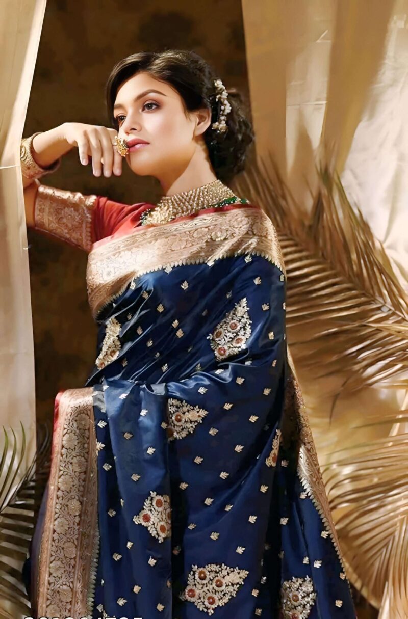 Navy Blue Banarasi Silk Saree with Opulent Golden Zari and Red Border