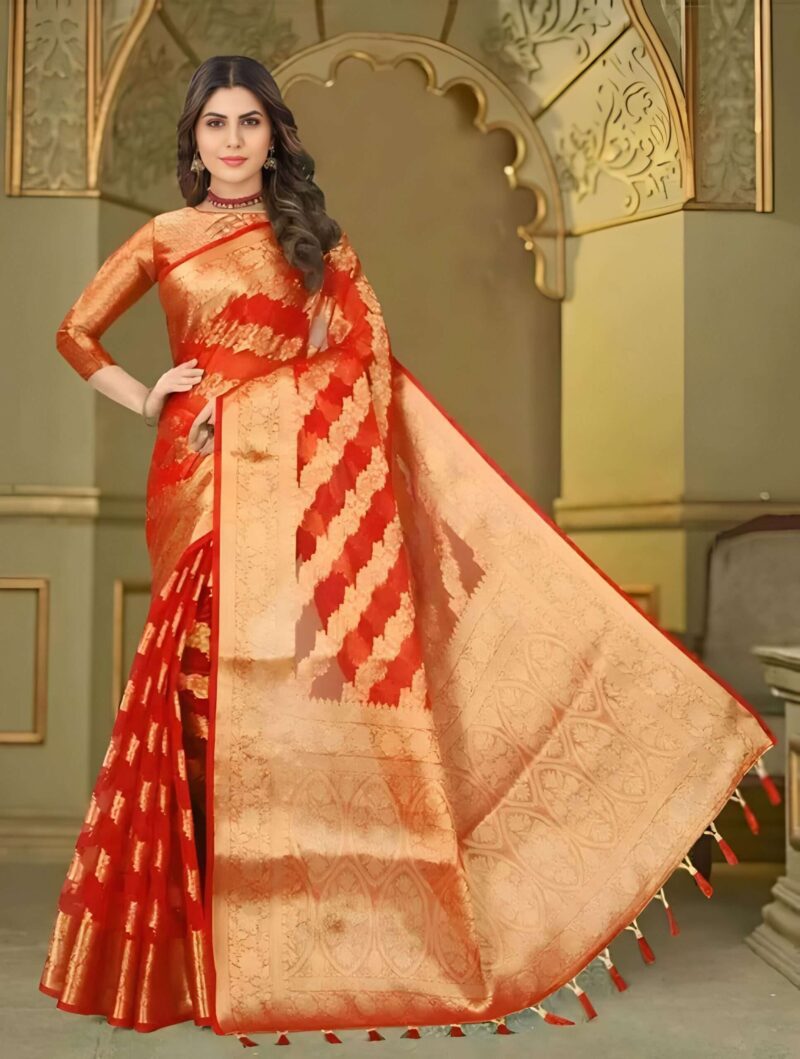 Golden Red Color Banarasi Silk Saree with Rich Zari Work