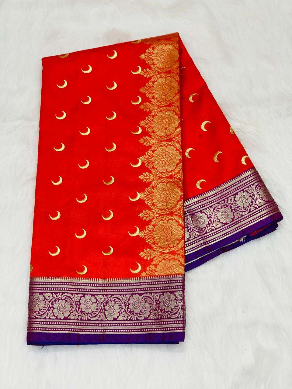 Radiant Orange Banarasi Silk Saree with Golden Moon Motifs & Purple Floral Zari Border - Image 2