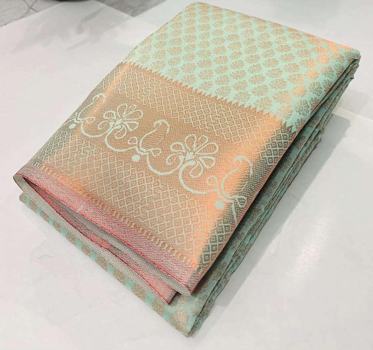 Radiant Mustard Yellow & Peach Banarasi Silk Saree with Floral Zari Weave - Image 3