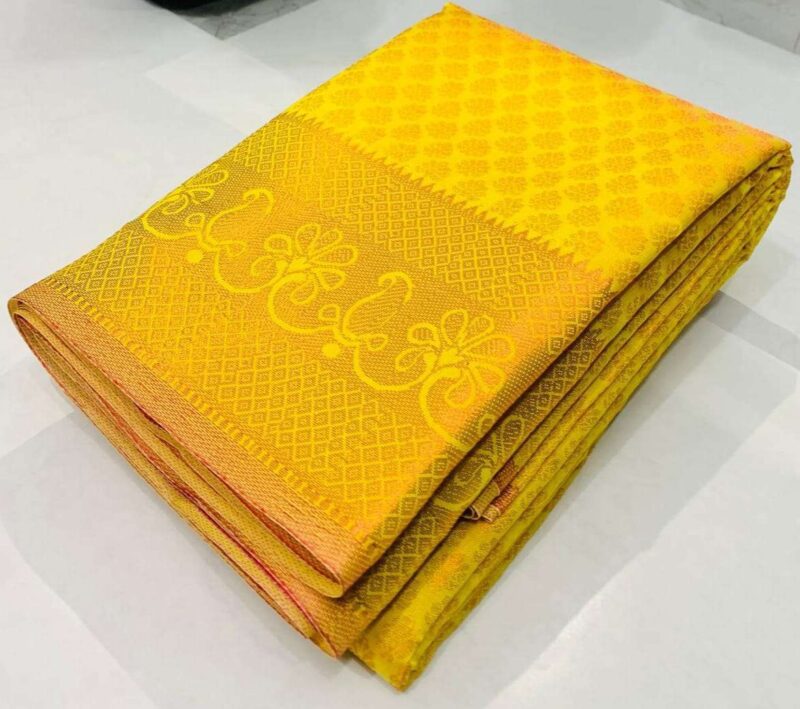Radiant Mustard Yellow & Peach Banarasi Silk Saree with Floral Zari Weave