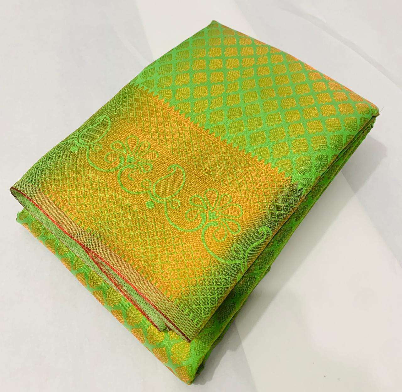 Radiant Mustard Yellow & Peach Banarasi Silk Saree with Floral Zari Weave - Image 2