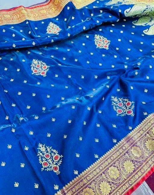 Royal Blue Banarasi Silk Saree with Red-Gold Zari Border and Floral Motifs - Image 2