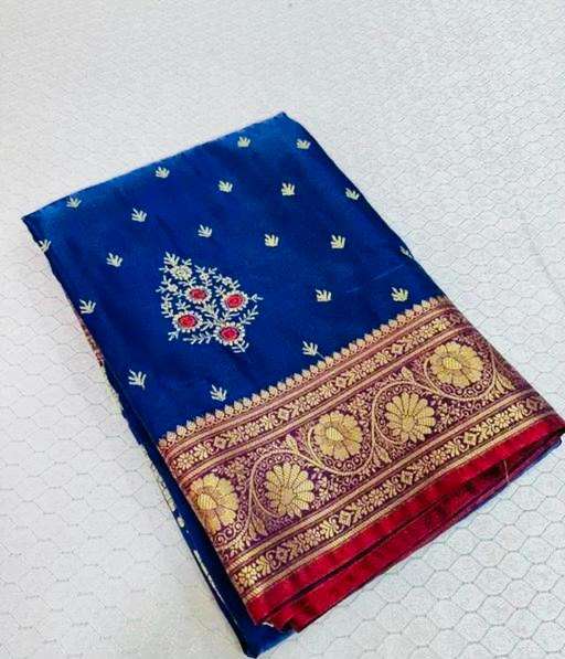 Royal Blue Banarasi Silk Saree with Red-Gold Zari Border and Floral Motifs