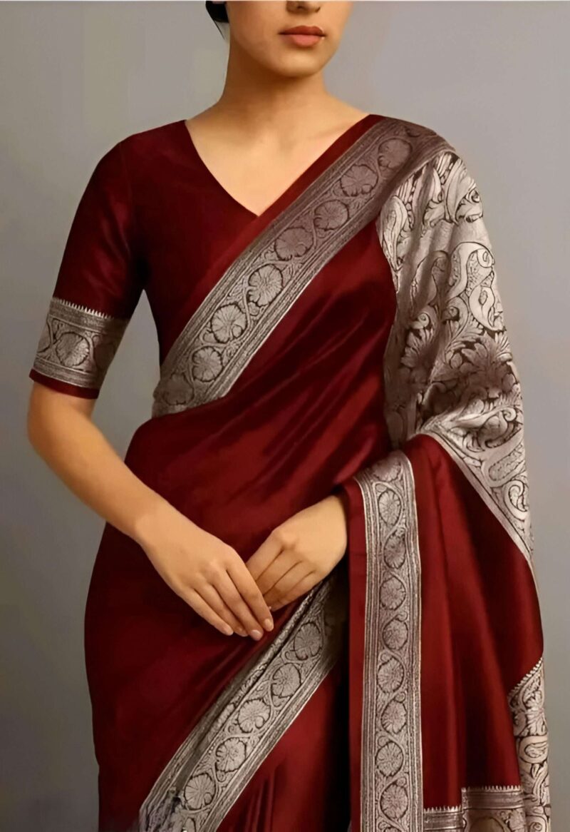 SHSTORE Premium Banarasi Silk Saree Grace in Maroon, Royal Blue & Dark Purple