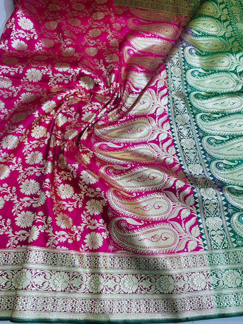 Exquisite Banarasi Jaal Silk Saree with Paisley & Floral Gold Zari Work