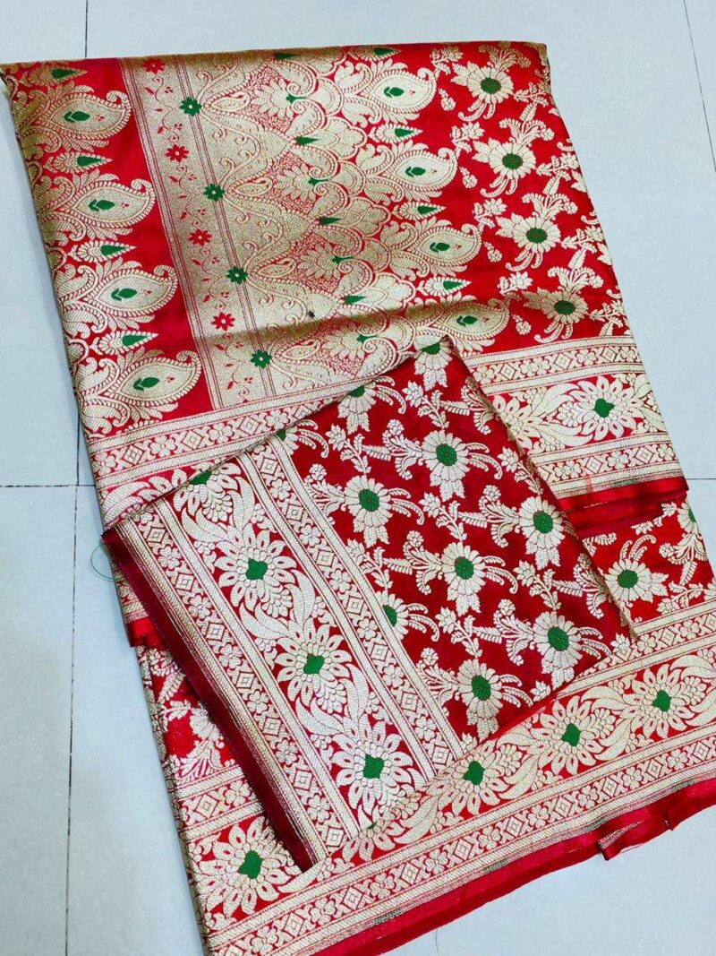 Luxurious Banarasi Silk Saree with Red & Gold Zari Floral Design ( Kataan Meena Jaal Red Color )