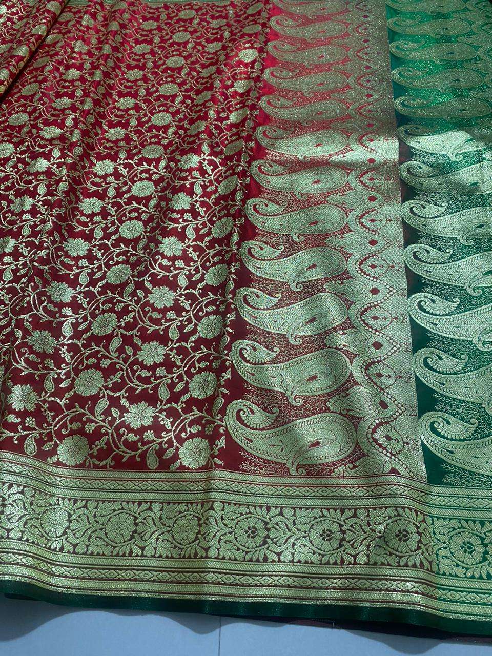 Elegant Banarasi Jaal Silk Saree in Red & Green with Gold Zari Floral & Paisley Design