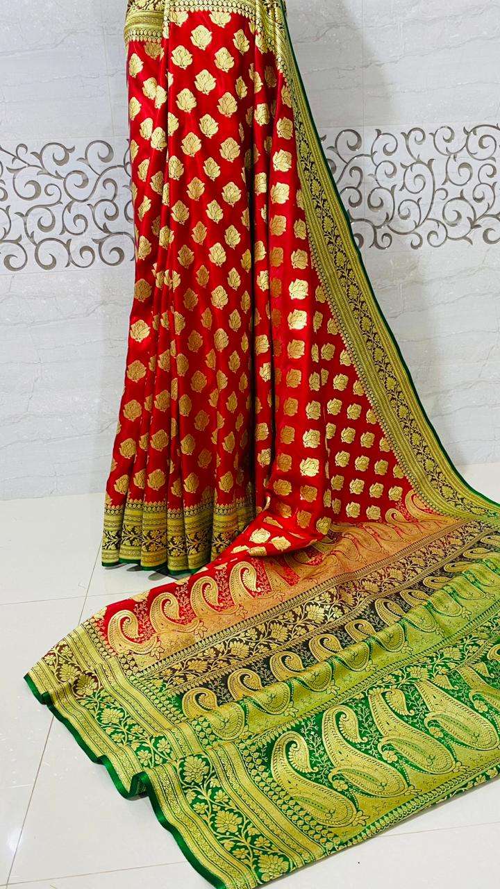 Grand Banarasi Silk Saree in Red & Green with Gold Zari Floral & Paisley Motifs